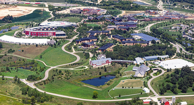 A sprawling corporate campus from an aerial view.