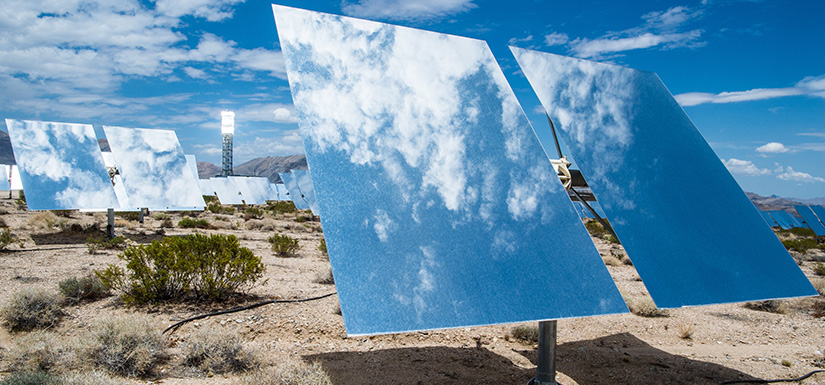 Heliostats in a desert.