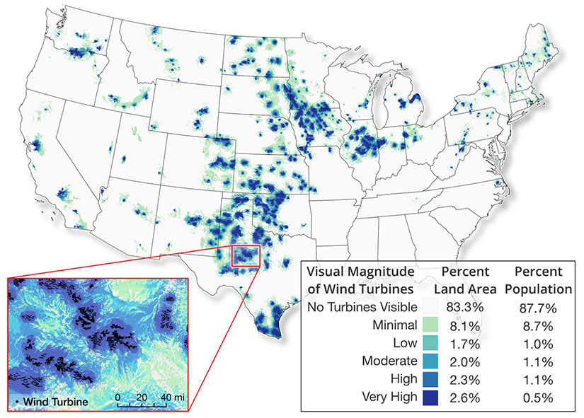 A map showing visual impact ratings across the contiguous United States (CONUS) based on NREL’s visual impact assessment. Inset A highlights the high spatial resolution of the assessment. The table included in the bottom right corner summarizes the percent of the CONUS land area and daytime population within each visual impact category.