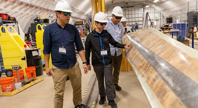 Three people examining a large piece of wood.