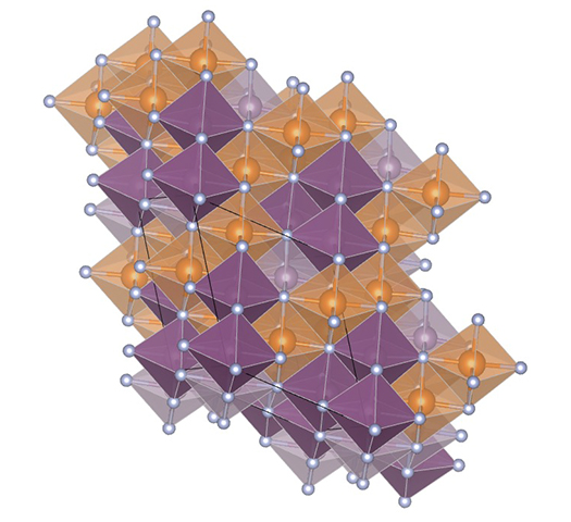 A rendering of a layered MgMoN2 compound’s crystal structure showing local regions of order.