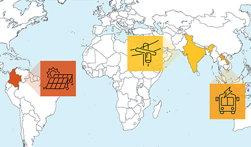 A world map highlighting three countries: Colombia, India, and Laos.