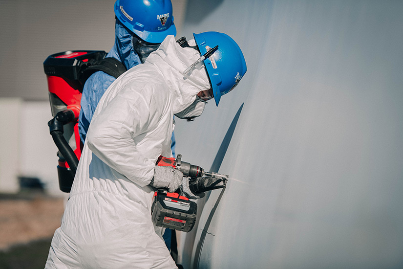 A student wearing protective gear drills into a wind turbine blade to cut out a square sample while another person stands behind them to oversee the work.