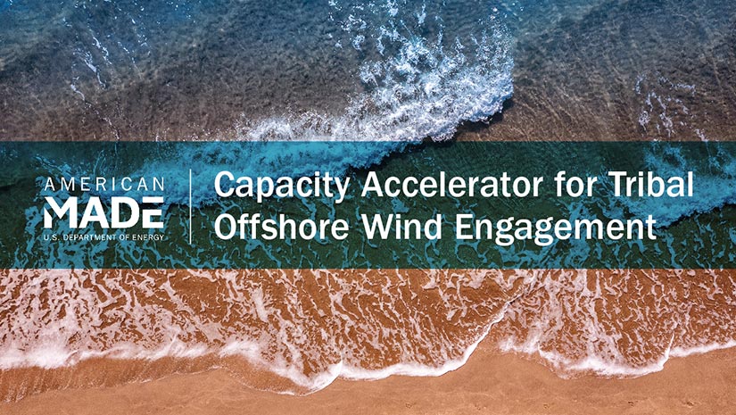 Aerial view of waves hitting shoreline with text overlay: American-Made, U.S. Department of Energy, Capacity Accelerator for Tribal Offshore Wind Engagement