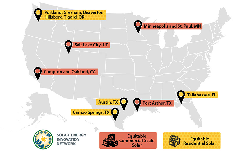 Map depicting the locations of the SEIN Round 3 teams. For equitable residential solar, the teams were in Portland, Gresham, Beaverton, Hillsboro, and Tigard, Oregon; Austin, Texas; Carrizo Springs, Texas; and Tallahassee, Florida. For equitable commercial-scale solar, teams were in Minneapolis and St. Paul, Minnesota; Salt Lake City, Utah; Compton and Oakland, California; and Port Arthur, Texas.