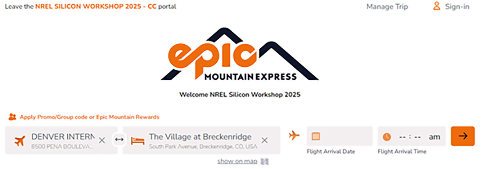 A screenshot of the Epic Mountain Express trip manager.