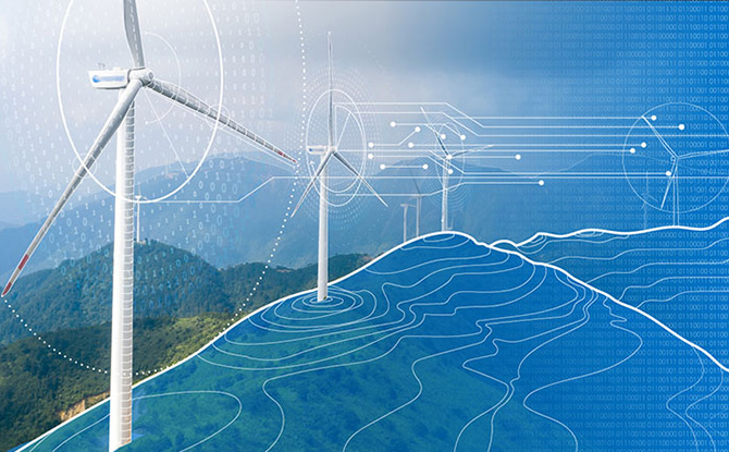 Illustration of wind turbines on hill, elevation lines on hill, and wind lines forced toward and away from the turbine blades, with binary code overlayed.