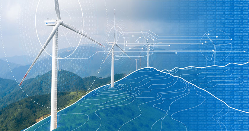 Illustration of wind turbines on hill , elevation lines on hill, and wind lines forced toward and away from the turbine blades, with binary code overlayed.