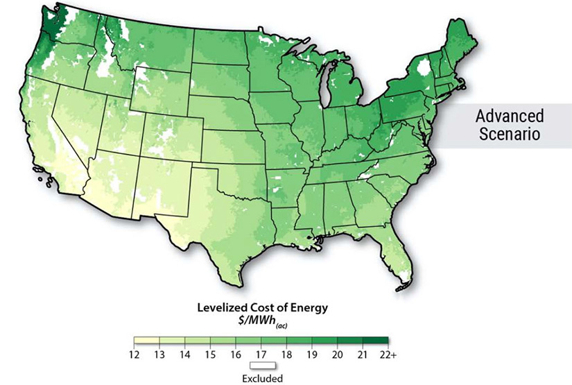 Map of the United States depicting levelized cost of energy in a range from 12 dollars per megawatt hour to 22+ dollars per megawatt hour. In general, the lowest costs are in the west and south of the United States, with the highest costs per megawatt hour coming from the westernmost areas of Washington state.