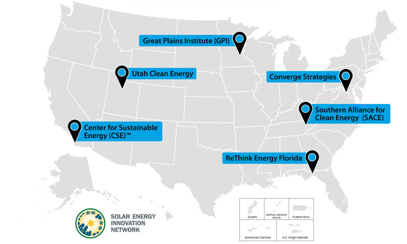 Map depicting the U.S. states and territories. Location dots for team headquarters: Great Plains Institute (Minneapolis, Minnesota); Utah Clean Energy (Salt Lake City, Utah); Converge Strategies (Washington, DC); Southern Alliance for Clean Energy (Knoxville, Tennessee); ReThink Energy Florida (Tallahassee, Florida); Center for Sustainable Energy (San Diego, California).