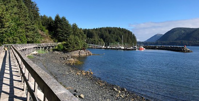 A boardwalk lined by trees on the left side and a rocky beach and water on the right side.