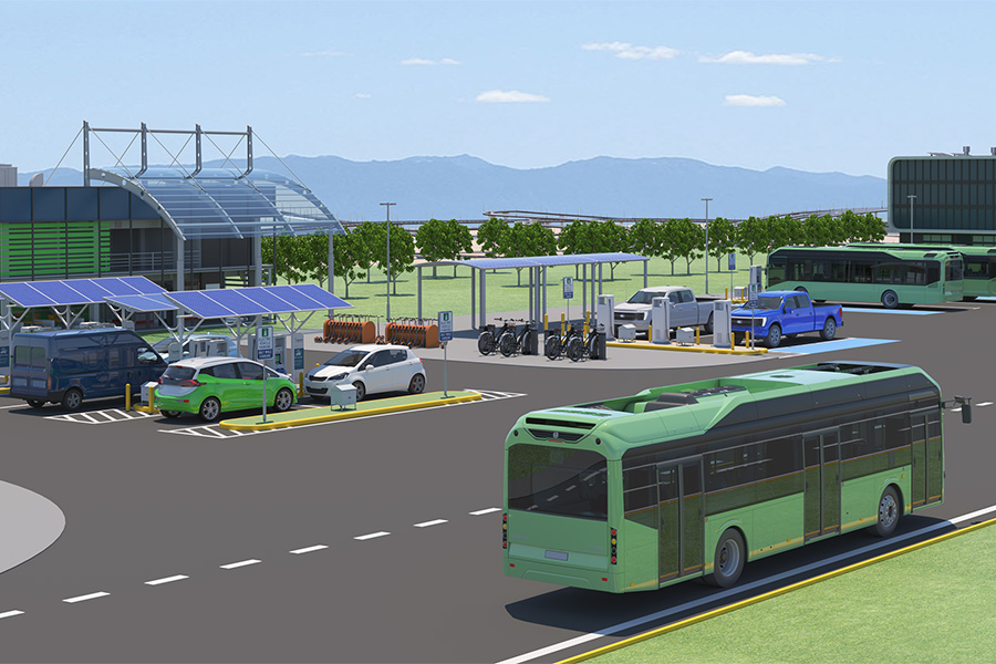 Future depiction of zero-emission transportation options for buses, heavy-duty trucks, light-duty vehicles, and e-bikes.