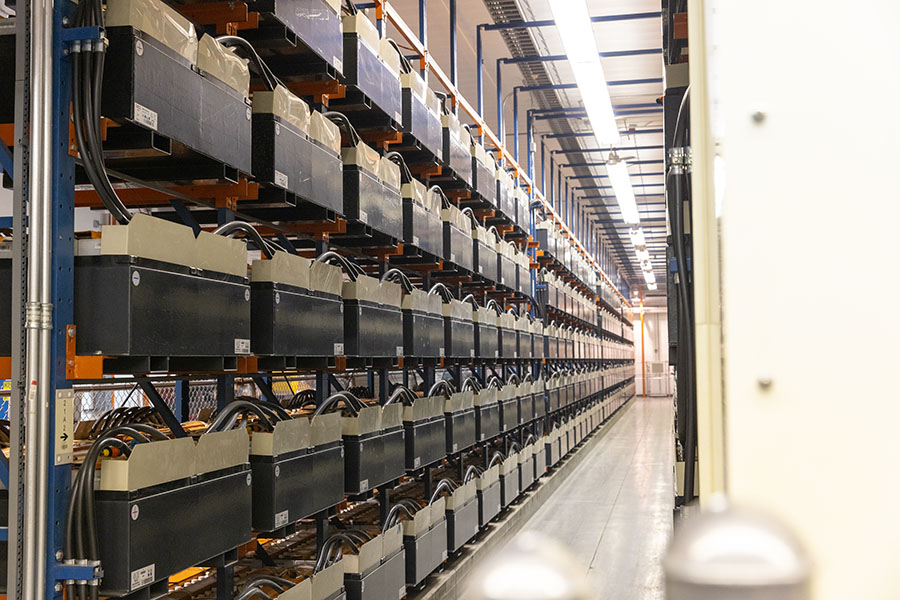 Rows and rows of batteries on shelves.