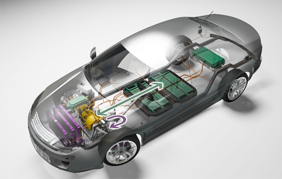 3-D illustration of electric car diagramming energy storage, power electronics, and climate control components, as well as energy flow among components.