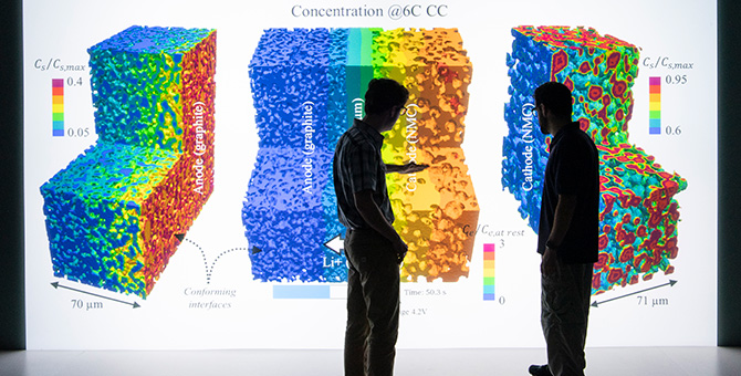 Two people viewing a screen with graphic representations of batteries with many dots of different colors representing electrochemical concentrations.