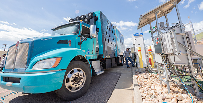 A heavy-duty truck parked at a hydrogen fueling station at the National Renewable Energy Laboratory.