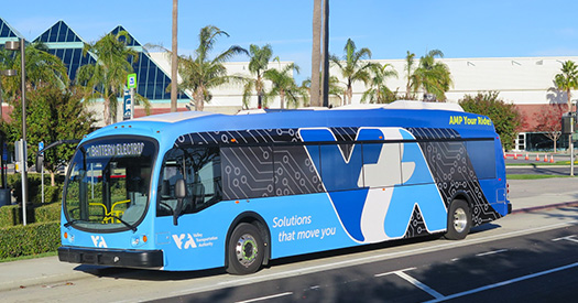 Photo of a fully electric blue Santa Clara Valley Transportation Authority bus.