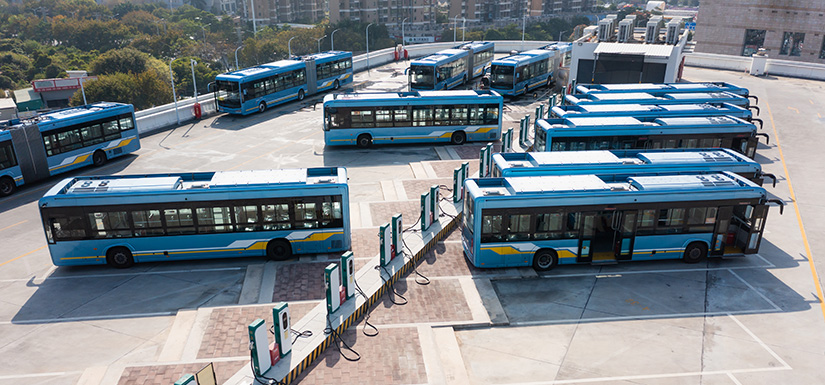 A public bus fleet parked at electric charging stations.