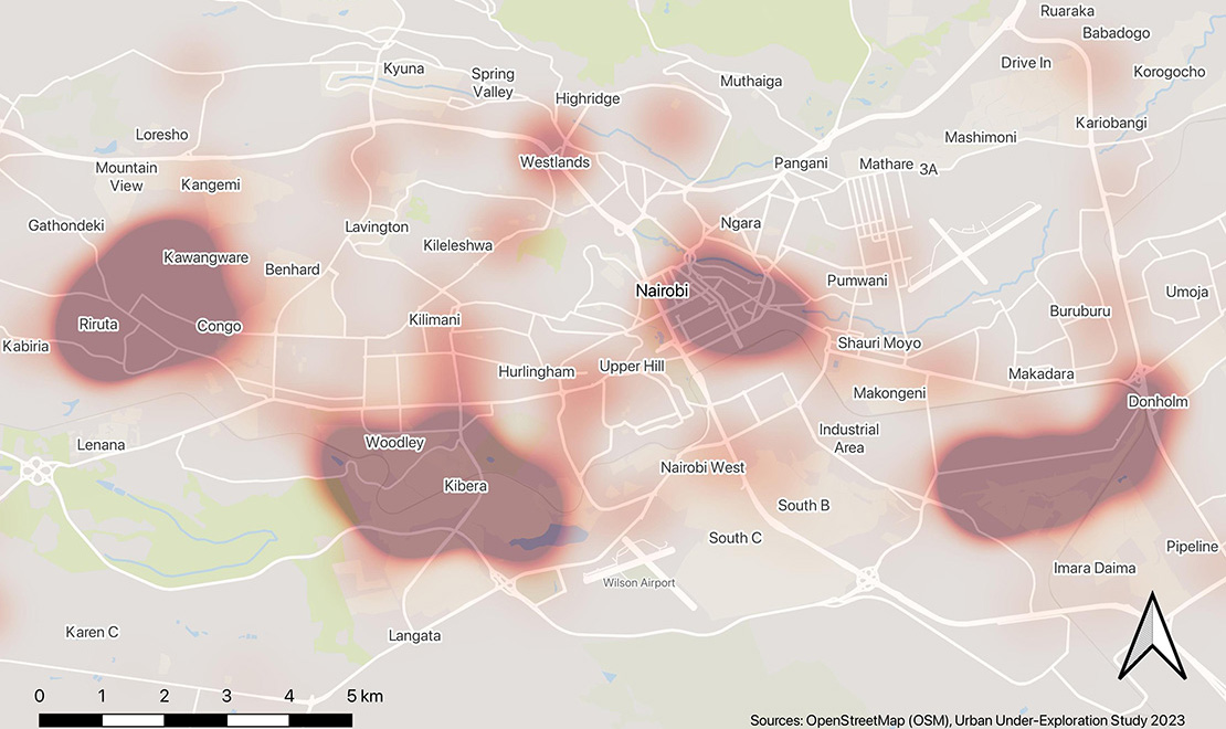 Image of heat map of Nairobi, Kenya, showing where the most trips were taken around the city, with the more frequently traveled areas appearing darker. The darkest places in the city appear around these areas: Riruta, Congo, Kawangware, Woodley, Kibera, Nairobi, and Donholm. The source is listed as OpenStreetMap and the 2023 Urban Under-Exploration Study.