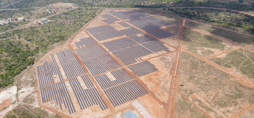 Aerial view of solar panels on the ground in Ghana.