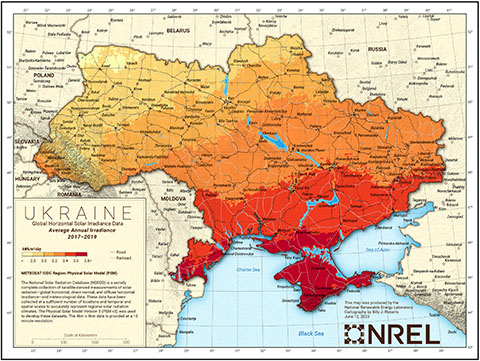 Map of Ukraine that shows average amount of sunlight across the country.