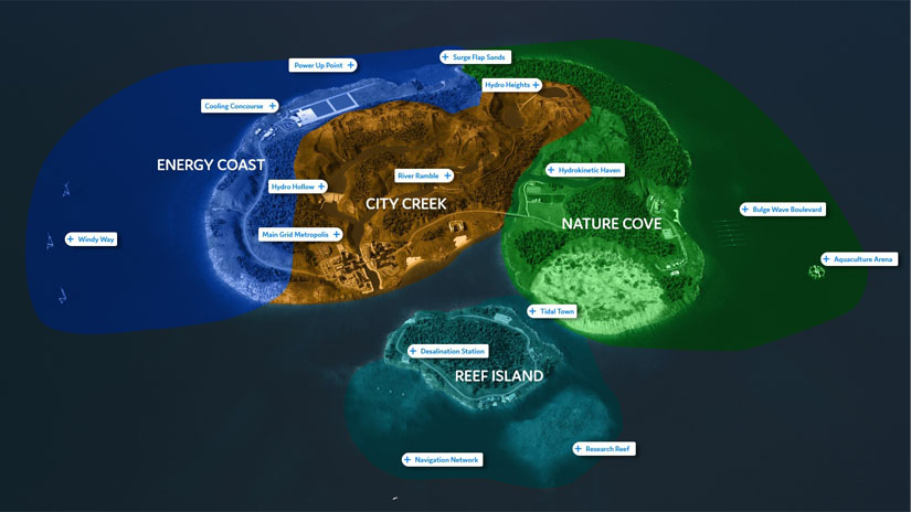 Image showing the four regions of Renewable Energy Discovery Island