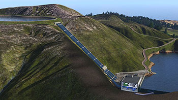 A digital mock-up showcasing a pumped storage hydropower plant in action.