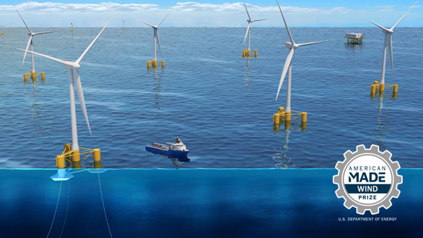 A graphic illustration of several floating offshore wind turbines and a boat overlain by an “American Made Wind Prize, U.S. Department of Energy” logo. 