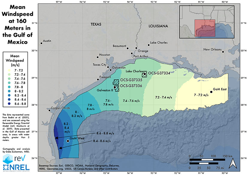 A map titled, "Mean Windspeed at 160 Meters in the Gulf of Mexico," features NREL and ReV logos and shows increasing wind speeds from east to west in the gulf, ranging from 7 to 8.8 meters per second.