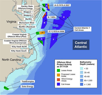 A map of the coastline of Virginia and North Carolina with markers indicating offshore wind project activity.