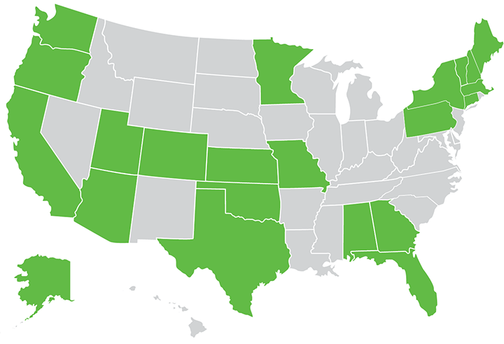 U.S. Map highlighting states that have companies participating in the competitiveness improvement project.