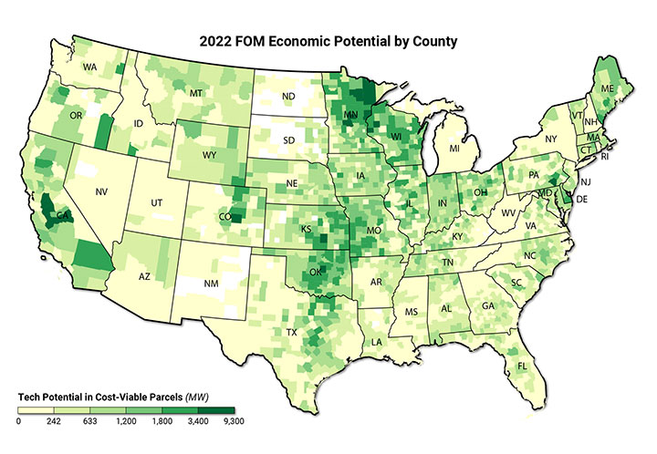 Graphic of a U.S. map with varying shades of yellow and green, to indicate the economic potential of front-of-the-meter wind applications, today. Darker green colors indicate greater economic potential. The Midwest and Heartland regions, and portions of the East and interior West, of the country have the greatest economic potential.